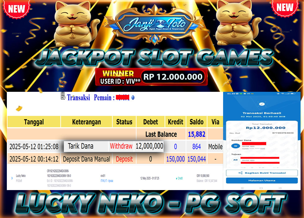 MAXWIN !! MENANG BESAR DI PERMAINAN LUCKY NEKO !!! JANJITOTO BAYAR LANGSUNG LUNAS SEBESAR Rp 12.000.000 !!!