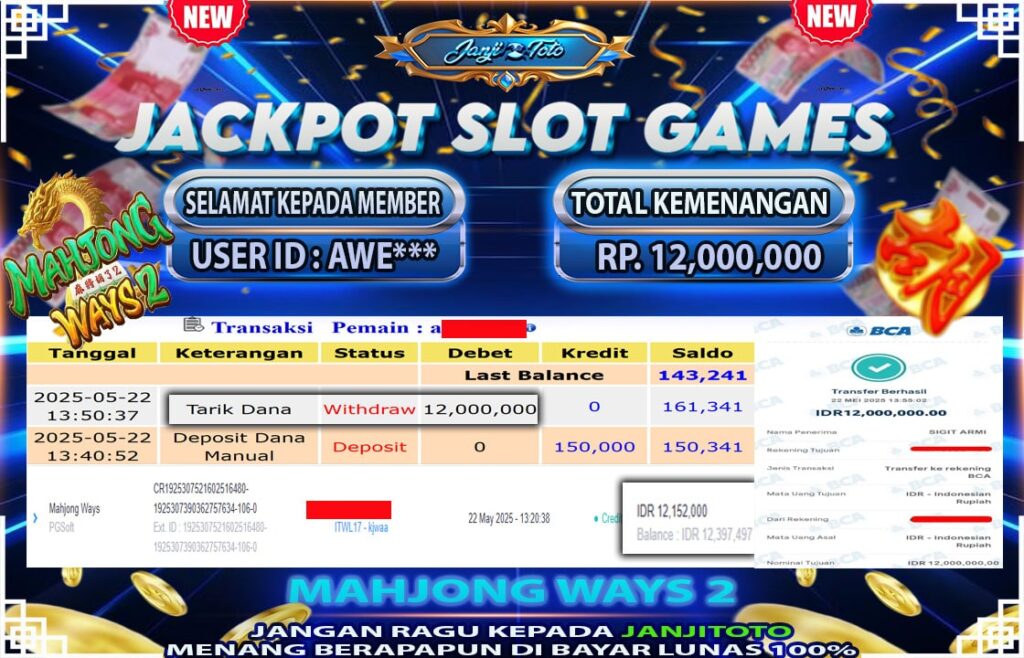 MAXWIN !! MENANG BESAR DI PERMAINAN MAHJONG WAYS 2 !!! JANJITOTO BAYAR LANGSUNG LUNAS SEBESAR Rp 12.000.000 !!!