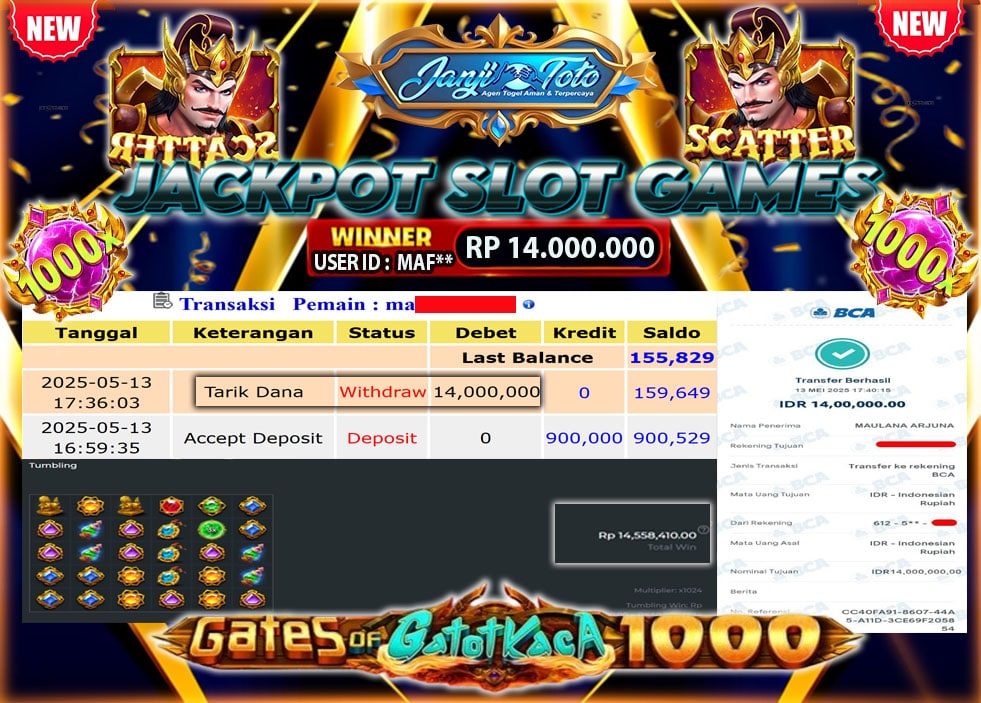 MAXWIN !! MENANG BESAR DI PERMAINAN GATES OF GATOT KACA 1000 !!! JANJITOTO BAYAR LANGSUNG LUNAS SEBESAR Rp 14.000.000 !!!