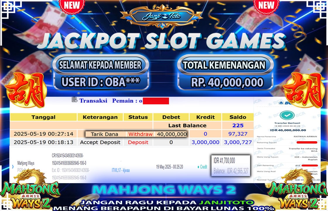 MAXWIN !! MENANG BESAR DI PERMAINAN MAHJONG WAYS 2 PG SOFT !!! JANJITOTO BAYAR LANGSUNG LUNAS SEBESAR Rp 40.000.000 !!!