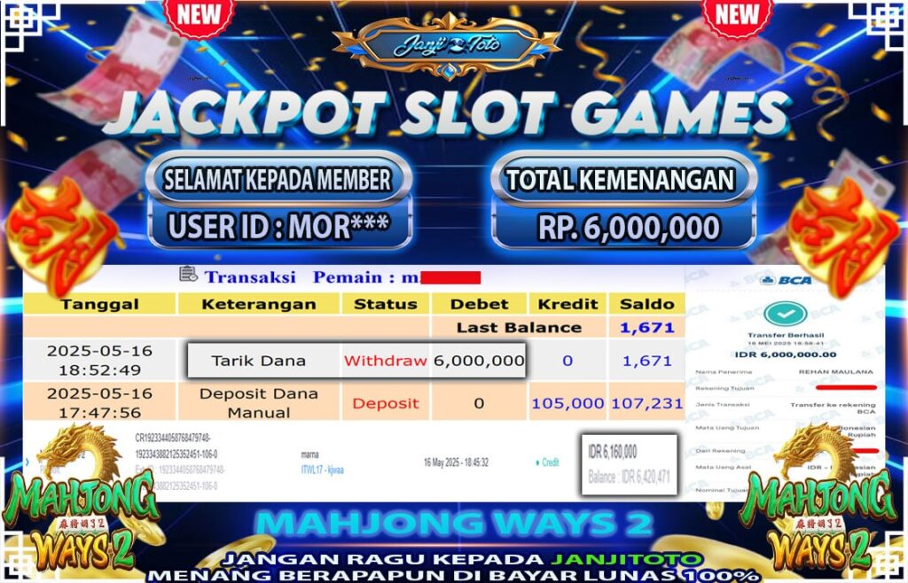 MAXWIN !! MENANG BESAR DI PERMAINAN MAHJONG WAYS 2 !!! JANJITOTO BAYAR LANGSUNG LUNAS SEBESAR Rp 6.000.000 !!!