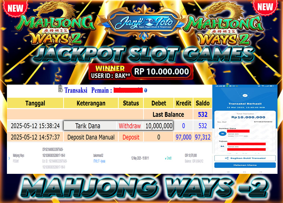 MAXWIN !! MENANG BESAR DI PERMAINAN MAHJONG WAYS 2 !!! JANJITOTO BAYAR LANGSUNG LUNAS SEBESAR Rp 10.000.000 !!!