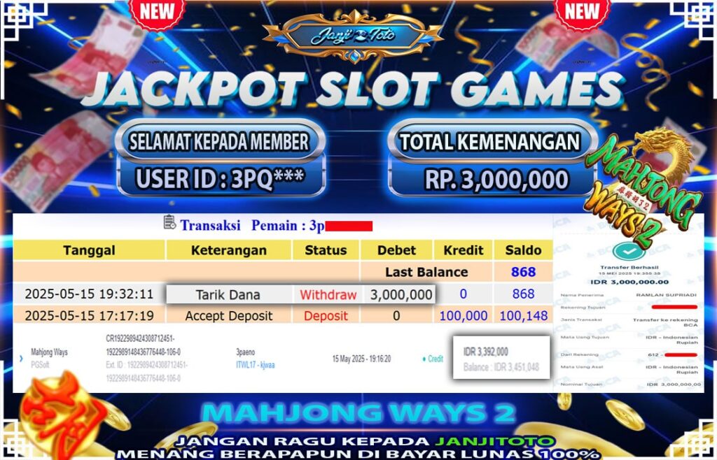 MAXWIN !! MENANG BESAR DI PERMAINAN MAHJONG WAYS 2 !!! JANJITOTO BAYAR LANGSUNG LUNAS SEBESAR Rp 3.000.000 !!!