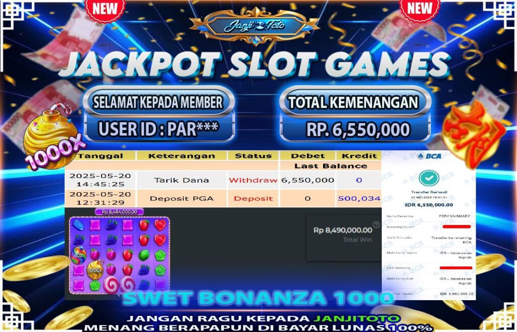 MAXWIN !! MENANG BESAR DI PERMAINAN SWET BONANZA 1000 !!! JANJITOTO BAYAR LANGSUNG LUNAS SEBESAR Rp 6.550.000 !!!