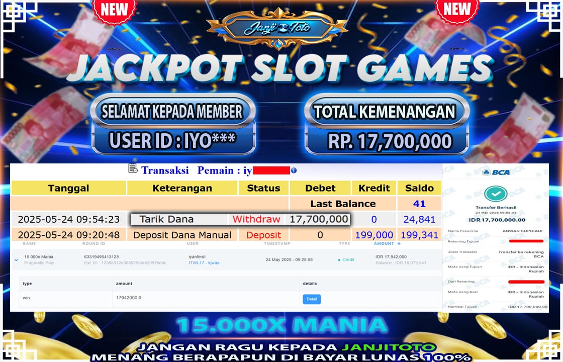 MAXWIN !! MENANG BESAR DI PERMAINAN 15.000X MANIA !!! JANJITOTO BAYAR LANGSUNG LUNAS SEBESAR Rp 17.700.000 !!!