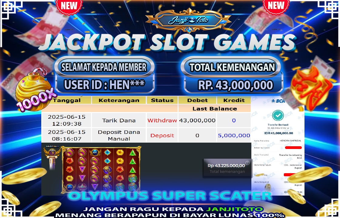 Selamat kepada HEN**** berhasil mendapatkan kemenangan DI PERMAINAN OLYMPUS SUPER SCATER SEBESAR RP 43.000.000