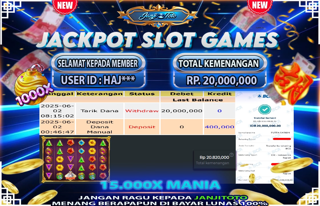 Selamat kepada HAJ**** berhasil mendapatkan kemenangan DI PERMAINAN GATES OFF OLYMPUS SEBESAR RP 20.000.000