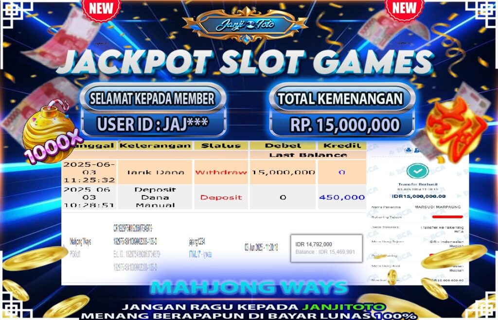 Selamat kepada JAJ**** berhasil mendapatkan kemenangan DI MAHJONG WAYS SEBESAR RP 15.000.000