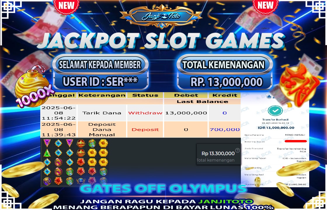 Selamat kepada SER**** berhasil mendapatkan kemenangan DI PERMAINAN GATES OFF OLYMPUS SEBESAR RP 13.000.000