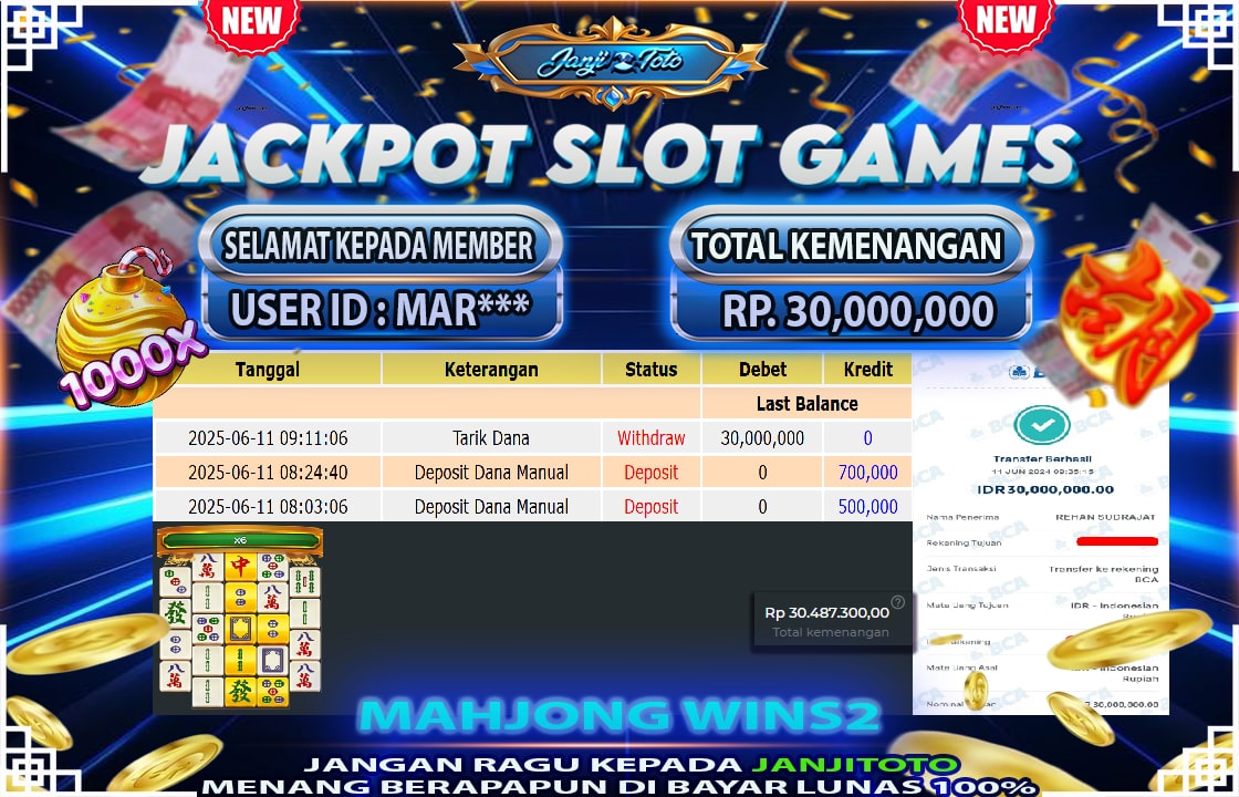 Selamat kepada MAR**** berhasil mendapatkan kemenangan DI PERMAINAN MAHJONG WINS RP 30.000.000