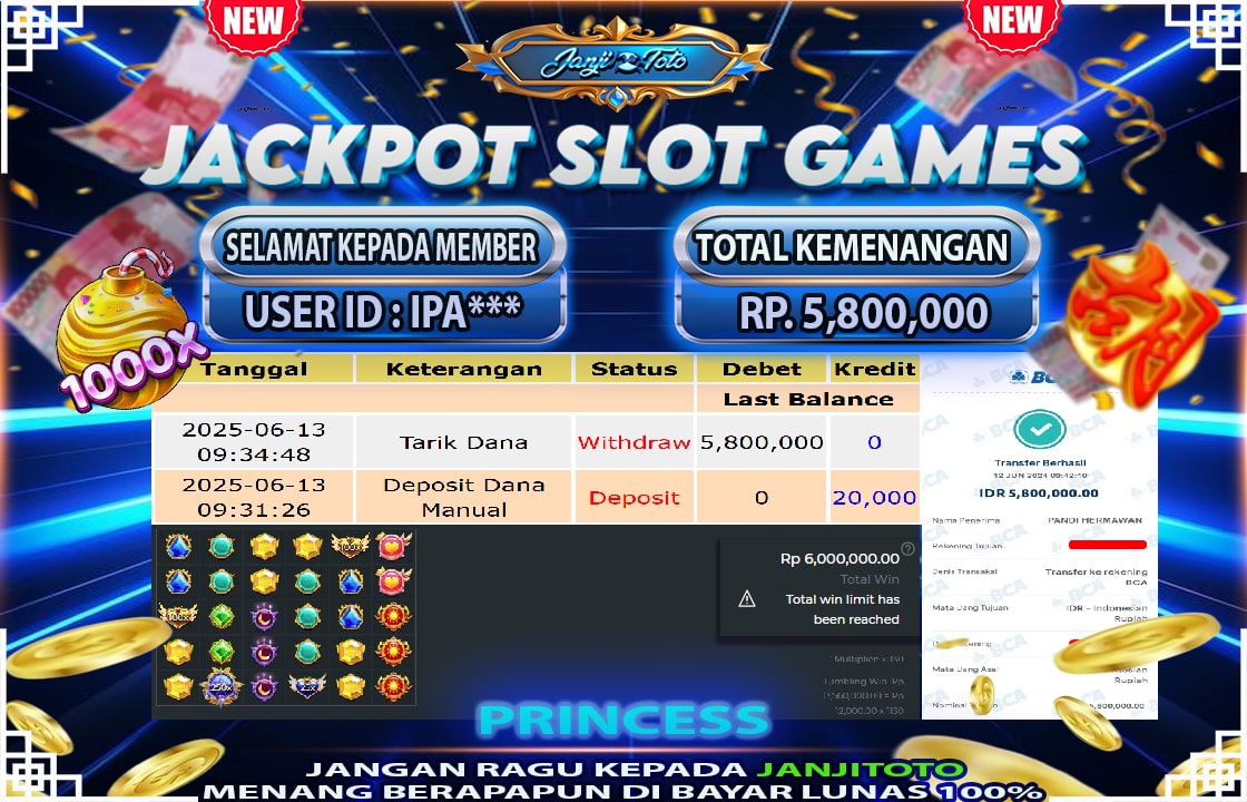 Selamat kepada IPA**** berhasil mendapatkan kemenangan DI PERMAINAN PRINCES SEBESAR RP 5.800.000