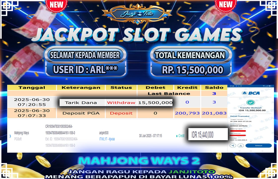 Selamat kepada ARL**** berhasil mendapatkan kemenangan DI PERMAINAN MAHYONG WAYS 2 SEBESAR RP 15.500.000 ….